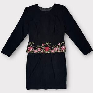 Vintage 90s/Y2K Positive Attitude Faux Suede Dress 8 Black Embroidered Sheath